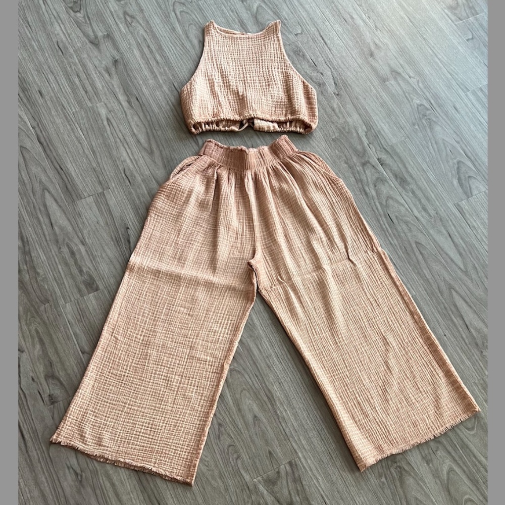 Pokoloko Crinkled Cotton Tank Top + Pants Set (One Size, Women, Dark Beige NWOT)
